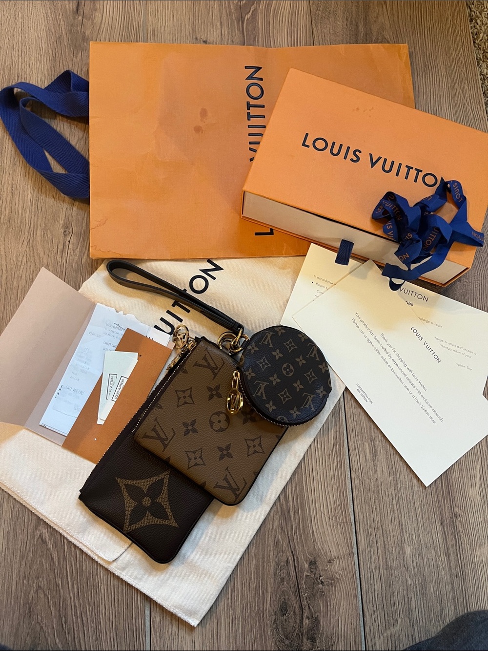 4 piece set Louis Vuitton Trio Reverse Monogram Pouches & Strap Box Bag Receipt - Picture 7 of 13